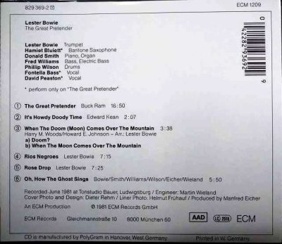 画像2: CD輸入盤★The Great Pretender★Lester Bowie レスター・ボウイ★Wes Germany 西独盤