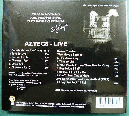 画像2: CD輸入盤★Aztecs Live★Billy Thorpe & The Aztecs / ビリー・ソープ&ジ・アズテックス