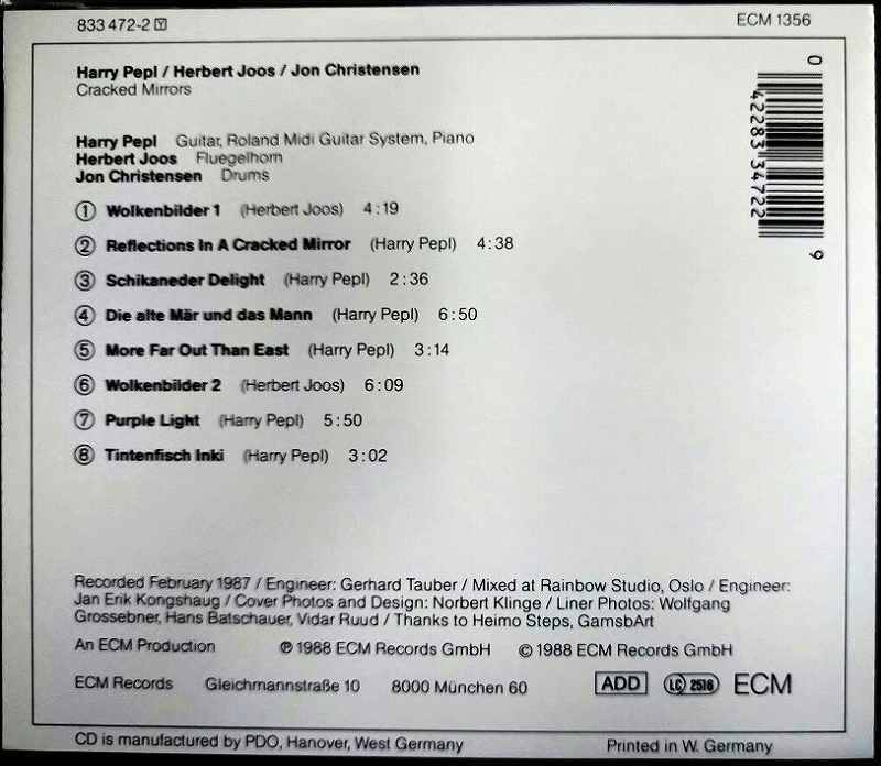 画像2: CD輸入盤★Cracked Mirrors★Harry Pepl  Herbert Joos  Jon Christensen★西独盤 ECM 1356